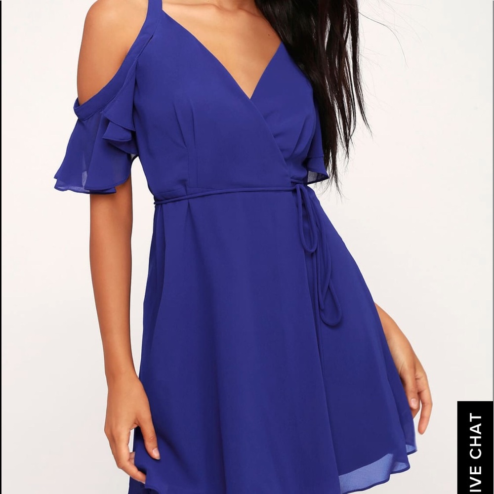 LULUS off-the-shoulder wrap dress (royal blue)